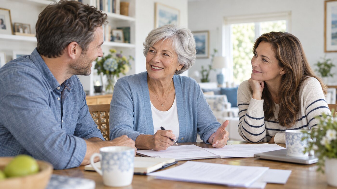 Older parent discussing long-term care planning with adult children